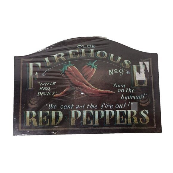 VTG Olde Firehouse Red Peppers Wood Hanging Indoor Wall Sign Plaque Decor RARE - Picture 1 of 8